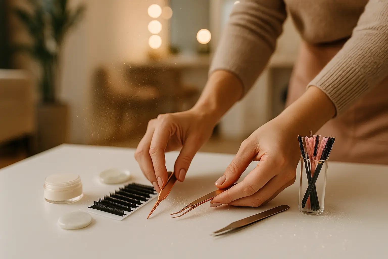 руки готовят материалы с золотисто розовым элементом