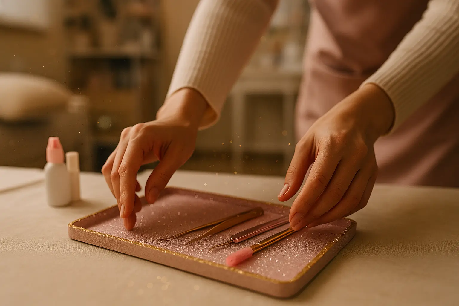 инструменты на столе с золотисто розовыми элементами